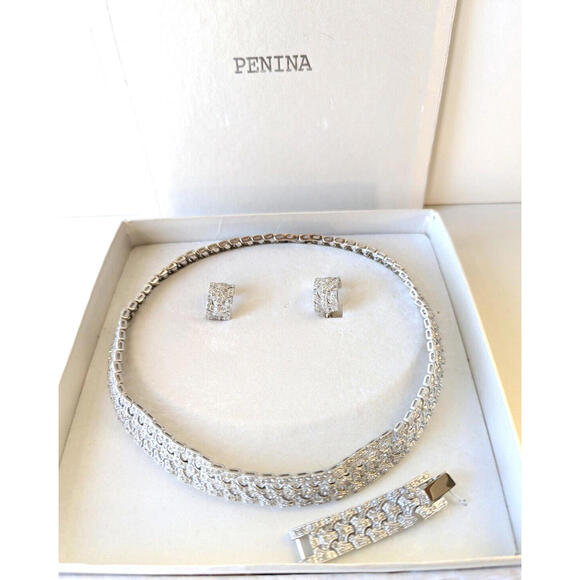 Collar Necklace Set Penina Clear Rhinestone Silver Tone 18" Wedding/Formal - Picture 2 of 9